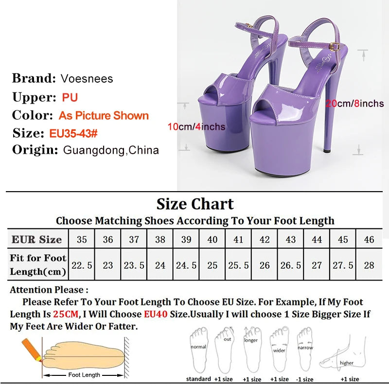 Purple Sexy 20CM 8Inch High Heels Women Sandals Stripper Heels Strip Pole Dance Shoes Buckle Strap Party Models Stage Show Shoes